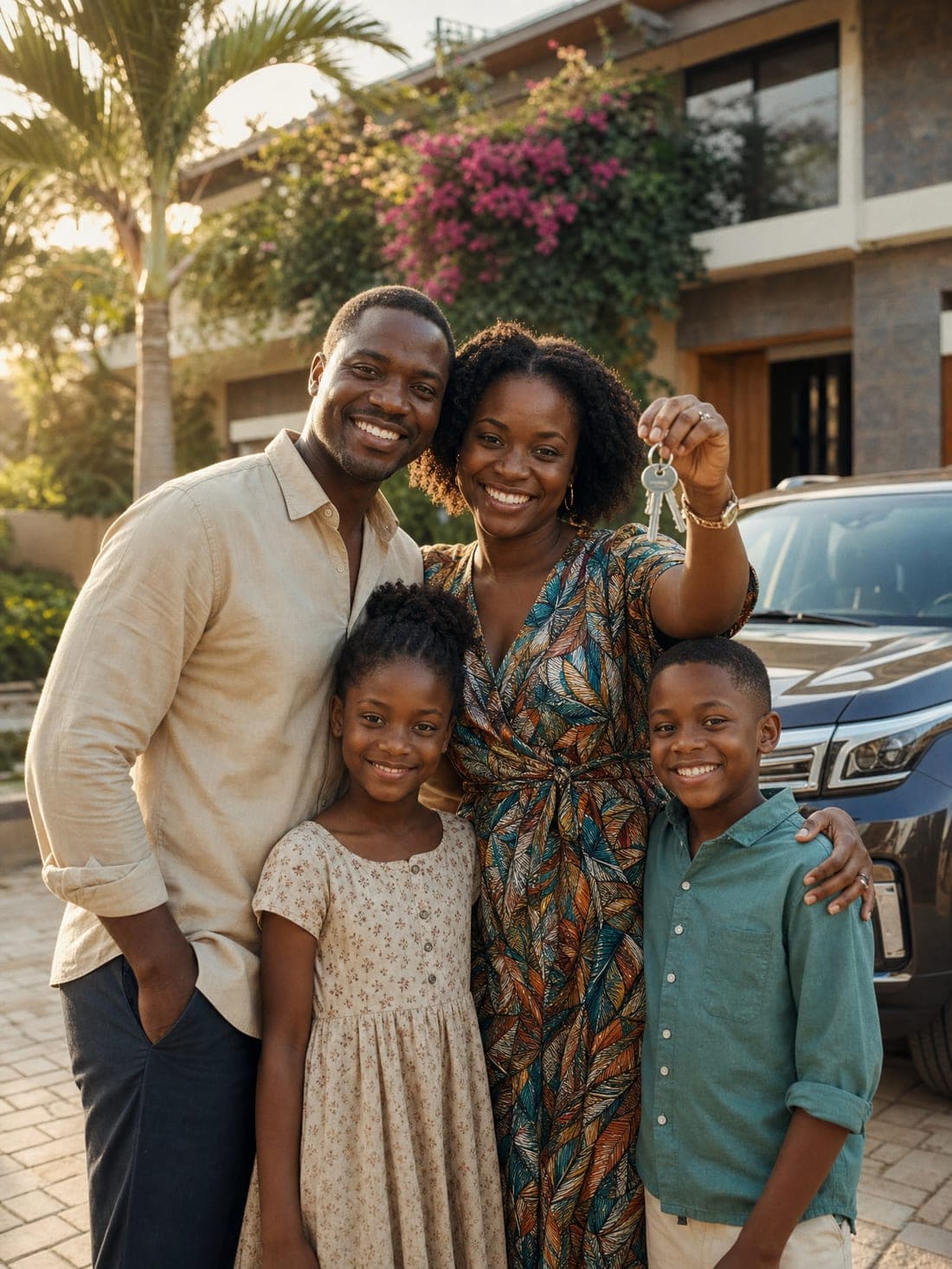 Une famille devant sa nouvelle maison à Abidjan, les clés à la main